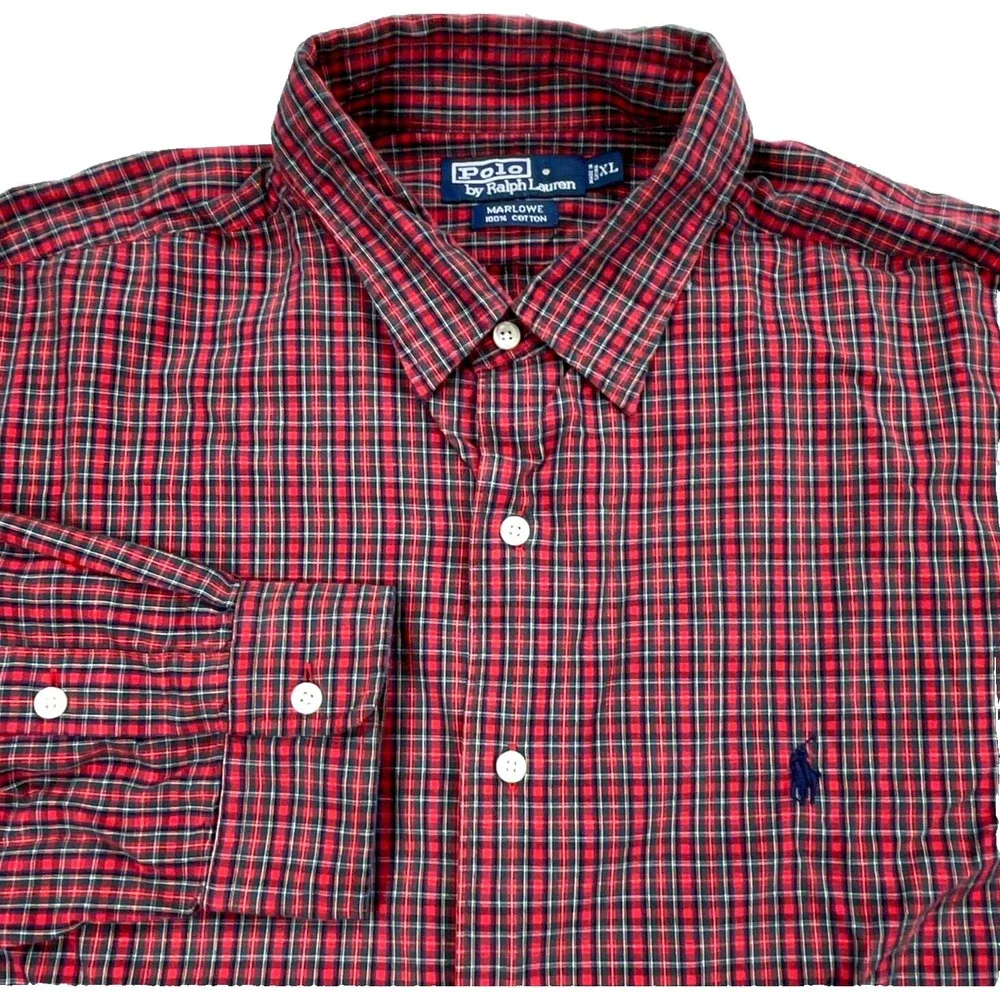 Polo Ralph Lauren Shirt Men XL Red Blue Button Up Plaid Dress Marlowe Tartan A39